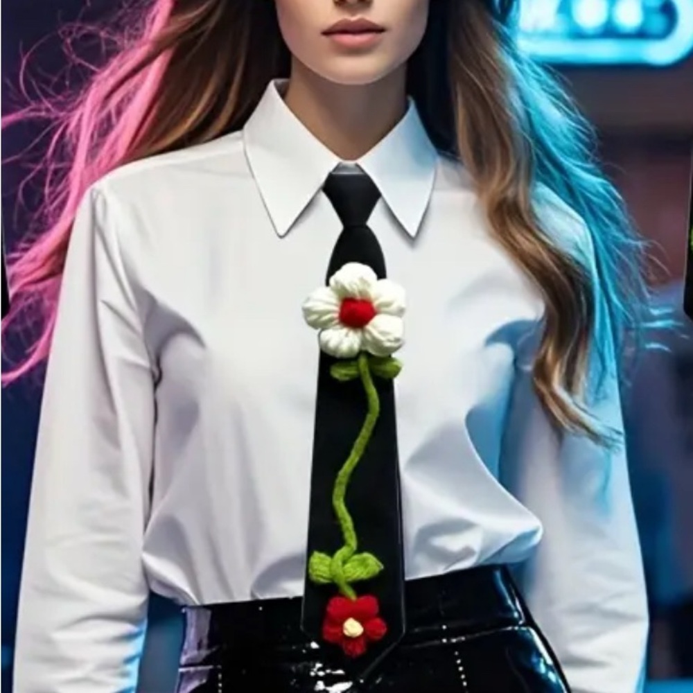 Black Tie with Red and White Floral Embroidery